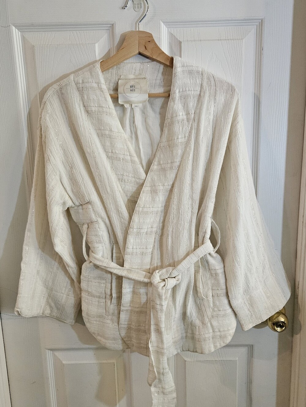 Anthropologie Hei Hei Amita Kimono Jacket Ivory w/ Gold Threads Size Small